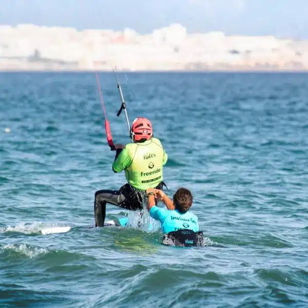 Waterstart stage in valdevaqueros. Tarifa village in Andalusia. Kiteboarding school Freeride Tarifa