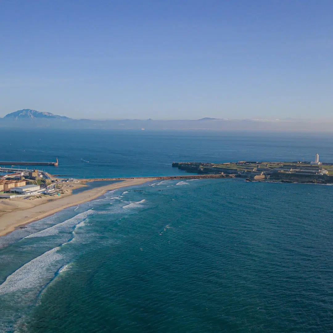 Beach and Old tow of Tarifa view from the sky