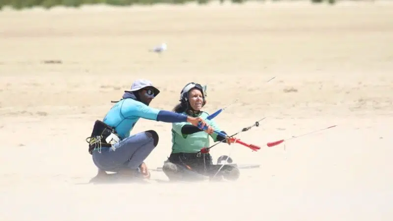 Student practicing kite piloting and steering between 10 and 2 o'clock positions on the wind window during IKO Level 1 in Tarifa.